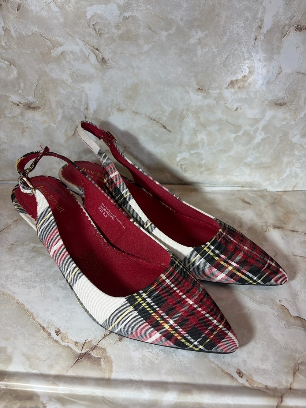 Isaac Mizrahi New York Plaid Slingback Heels Size 8.5 Red Tartan - Picture 2 of 5